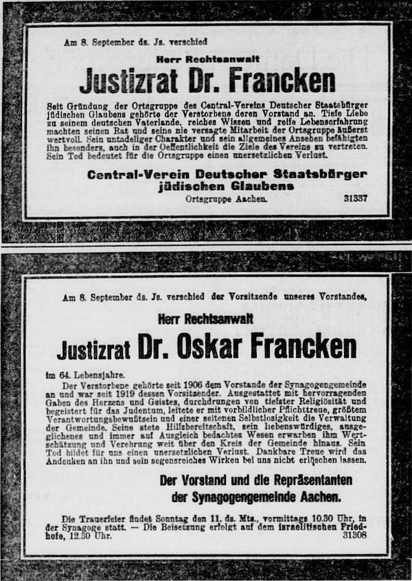 Abb. 7 Traueranzeigen für Dr. Oskar Francken im Aachener Anzeiger vom 10.9.1932